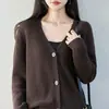 Cardigan de tricô grosso de algodão puro estilo preguiçoso com gola V para mulheres, jaqueta suéter casual de tricô folgada, peça superior quente