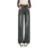 Jeans Rectos Gris Cemento para Mujer Primavera y Otoño Cintura Alta Adelgazantes Retro Modernos Nuevo Estilo Pantalones de Pierna Ancha Ligeramente Sueltos