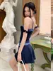 Traje de baño de dos piezas de estilo pastoral francés para niña, de alta gama, vintage, azul, que favorece la figura, con estampado de cuadros y amarre, para vacaciones en aguas termales y sesiones de fotos