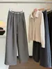 Pantalones Casuales de Mezcla de Lana Grises para Mujer Otoño/Invierno Nuevos de Cintura Alta Adelgazantes Sueltos de Temperamento Versátiles Pierna Recta Pierna Ancha Pantalones Largos