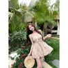 Conjunto de Top Bandeau com Alças Finas Florido de Verão + Vestido Bandeau com Alças Finas + Saia-Short Plissada Feminino
