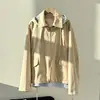 Jaqueta corta-vento com capuz, cor cáqui com listras azuis, cordão, modelagem solta para uso casual na primavera 11271