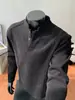 Nova camiseta masculina de manga longa, gola Henley, casual de negócios, camada base, gola alta, forrada com fleece, moletom quente, disponível em preto e cinza
