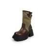 Botas Martin de Couro Genuíno com Solado Grosso e Color Blocking Femininas 2026 Outono/Inverno Fivela Salto Alto Aumento de Altura Para Pessoas Baixas Botas Western com Salto Bloco