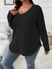 2026 Amazon Otoño e Invierno Nuevo Color Sólido Talla Grande para Mujer Top Cuello en V Manga Larga Camiseta de Canalé Cepillada Suelta Pullover