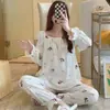 Pijama feminino de manga comprida para primavera e outono 2026, algodão nuvem, solto, fofo de desenho animado, simples, alta estética, para casa, pode ser usado fora