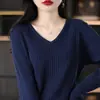 Suéter de punto de algodón puro con cuello en V, nuevo estilo otoño e invierno, de canalé, manga larga, estilo coreano, color liso, holgado, para mujer