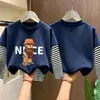 Camiseta de manga larga a rayas de algodón puro para niños, camiseta básica de otoño con dibujos animados, top falso de dos piezas para niños, casual y versátil