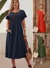 Comercio exterior transfronterizo Amazon Vestido de mujer europeo y americano nuevo color sólido cuello redondo bolsillo plisado manga corta vestido de algodón y lino
