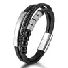 Pulseira de Couro Trançado com Pedras Naturais e Contas Estilo Europeu e Americano para Homens, Multicamadas, Fivela Magnética de Liga de Zinco, Pulseira da Moda Pronta para Venda