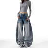 Pantalones de Pierna Ancha Adelgazantes de Cintura Alta Media-Baja Vintage Lavado con Diseño Degradado de Caída Forma de Pera Retro