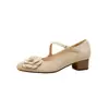 Versión de Piel de Vaca ~ Zapatos Mary Jane Cuadrados Retro de Tira Baja para Mujer, Moda de Nicho Florales para el Trabajo con Tacón Grueso