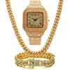 Relógio de Pulso Quadrado de Diamante Cheio Padrão Romano Escama Quartzo Moda terno 3 peças/conjunto