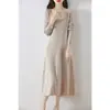 Vestido 100% Lana Otoño e Invierno para Mujer de Longitud Media Cuello en U Grande Falda Suéter de Rodilla Ajustado Base Ajustada Falda Línea A