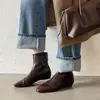 Botas de tornozelo de couro elegantes e finas com bico quadrado e salto baixo 2026 versão coreana de inverno botas femininas de couro genuíno versáteis para o trabalho