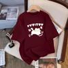 Verão Novo Estilo Estampa de Gato Desenho Animado Algodão Puro Manga Curta Top Roxo Ombro Direito Decote Redondo Tamanho Grande Solto Redutor de Idade Camiseta