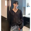 Tricô Respirável com Renda Vazada Estilo Coreano, Decote em V, Manga Longa, Estilo Europeu e Americano, Levemente Luxuoso, Camiseta de Alta Qualidade, Tops para Casal