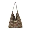 Bolsa de lona de grande capacidade, estilo casual, bolsa de mão outono e inverno, bolsa de ombro xadrez de lã, nova bolsa tote ins para estudantes