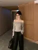 Hilo de mechaÚnico top de punto rojo de manga larga asimétrico (un hombro al descubierto) para mujer, estilo puro y seductor, top de un solo hombro