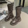 Botas Infantiles Estilo Británico Botas de Cuero de Caña Alta Nuevo Estilo Otoño/Invierno Botas Largas para Niñas con Borrego Botas de Caballero Botas de Moto Denim Maillard