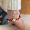 Pulsera de Plata de Ley S925 con Oso Lindo y Cascabel de Ágata Roja Natural Atmósfera Dulce de Año Nuevo Joyería Apilable