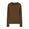Suéter de Lana 100% Pura Hilo Fino para Mujer, Cuello Redondo, Corte Ajustado, Camiseta Base Delgada, Suave y Ceñido, Suéter Versátil de Forro Polar Rayado