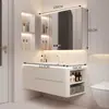 Gabinete Lateral Inteligente Combinado de Madera Maciza Estilo Crema de Lujo Ligero Gabinete de Baño con Lavabo Cerámico Integrado