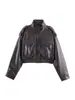 Chaqueta Corta Casual de Cuello Alto de Manga Larga para Mujer, Color Sólido, Piel Sintética, Estilo Transfronterizo Europeo y Americano, Nuevo Modelo Otoño e Invierno