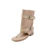 Sandalias de Moda Únicas con Hebilla de Cinturón Verano 2025 Tacón Bajo Grueso Ante Punta de Tira Redonda Punta Abierta Botines Cortos Sueltos para Mujer