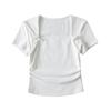 Diseño Lazo Camiseta de Manga Corta Mujer 2024 Verano Nuevo Puro Dulce y Picante Cuello Cuadrado Bolsa Top Plisado Ajustado