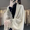 Casaco de malha com design de xale para senhoras, lã, personalidade, mangas compridas, cardigã, outono, novo, acabamento em renda, inverno, sem botões