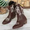 Botas de Caballero de Tacón Medio Bordadas Estilo Británico para Mujer Otoño 2026, Comercio Exterior Botas de Media Pantorrilla Retro de Tacón Grueso con Corte en V Tallas Grandes, Wish