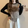 Camiseta de Manga Larga Tie-Dye Derong para Mujer en Otoño e Invierno Nuevo Estilo Estampado de Letras Americanas Efecto Adelgazante Camiseta Interior Top de Color Contrastante