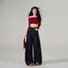 Pantalones anchos de pierna ancha estilo americano, color azul oscuro, transfronterizos, para mujer, nuevo modelo de verano, jeans fluidos largos, pantalones largos y extra largos azul oscuro