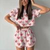 Conjuntos deportivos y de ocio europeos y americanos nuevos para primavera y verano 2025 para mujer, estampados, recortados, con abertura, ombligo al descubierto, conjunto corto de dos piezas
