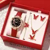 Popular Set de Joyería de Reloj para Mujer Correa de Diamante Reloj de Cuarzo Pulsera de Mariposa Conjunto de Collar Pendientes Anillo