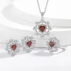 Juego de Joyería Transfronterizo Europeo y Americano, Elegante Collar de Corazón con Granate, Transmisión en Vivo, Anillo y Pendientes de Moda de Celebridad de Internet, Joyería para Mujer