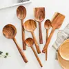 Espátula de madera de teca sin pintar espátula para freír antiadherente cuchara de sopa de madera cuchara de madera con mango largo cuchara espátula para cocinar juego de 7 piezas
