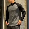 Camiseta deportiva de manga larga, gruesa, estilo americano, bloques de color, manga raglán, forro polar de doble cara, cálida, elástica, para capa base, atlética, de 280 g