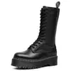 Botas de Motocicleta Gruesas con Suela de Goma, Línea Blanca Transfronteriza, para Mujer, Botines Cortos de 14 Ojales de Primera Capa, Botas Unisex de Piel Genuina, Punta Redonda, Estilo Europeo y Americano Moderno