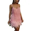 Vestido de Noche Transfronterizo para Mujer Europeo y Americano con Borlas, Plumas y Perlas, Sexy de Cuello en V con Tirantes