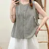Verano 2025 Nuevo Estilo para Mujer Chica Mori Cuadros Cuello Redondo de un Solo Botón Holgado Sin Mangas Camisa Chaleco Chaleco de Mujer