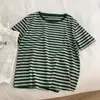 Nueva Camiseta de Verano 2026 Vintage de Cuello Redondo con Rayas Verdes de Manga Corta para Mujer, Corte Holgado, Adelgazante, Top Casual, Estilo Artístico