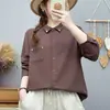 Camisa de manga larga de gasa de algodón de doble capa para mujer, diseño artístico con cuello puntiagudo bordado, camisa de algodón puro de alta calidad para exportación, corte holgado