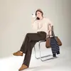 Calça reta de lã listrada marrom para mulheres, outono, forrada com fleece, espessa, cintura alta, solta, casual, estilo preguiçoso, adequada para ir ao trabalho