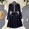 Leve estilo elegante cor elegante design de cor em torno do pescoço manga comprida temperamento fino saia de malha feminina primavera e outono