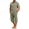 Marca Independiente Verano Europeo y Americano Hombres Lino Casual Holgado Polo Manga Corta Shorts Plegados Conjunto en Stock Venta al por Mayor