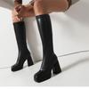 Botas Altas Estilo Retro Wan Zi Yan para Mujer Tacón Grueso Tacón Alto Botas de Moda Adelgazantes Plataforma de Fondo Grueso Punta Cuadrada Botas para Mujer talla extra