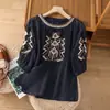 277 # Camisa de algodón y lino con bordado pesado de manga tres cuartos para mujer, verano, corte holgado, adelgazante, jersey de cuello redondo, top de lino elegante