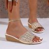 Sandalias Planas de Tira con Pedrería de Nuevo Tamaño Transfronterizas para Mujer, Chanclas de Playa de Malla con Punta Abierta y Tacón Medio Wish